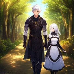 Girl with white hair. Boy with black hair wearing leather armor. Forest path