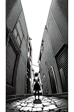 girl in an alley, fisheye, greyscale