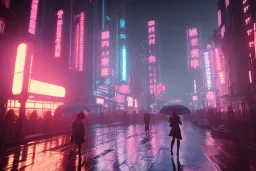 3D, beautiful, light reflecting, empty future city at night, rainy night, neon, cyberpunk, tron, one cyborg walking, 8k, finely detailed, photo realistic