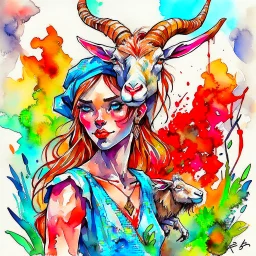 dnd, fantasy, watercolour, large strokes, stylistic, portrait, illustration, dull colours, female goat, acrobat
