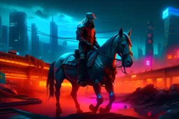 cavalier seul de dos sur un cheval dans une ville post apocalytpique style neon