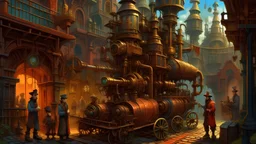 a digital painting of a group of (steampunk) people dressed in intricate Victorian-era clothing, operating (steampunk) machines and inventions in a bustling steampunk cityscape, retro-futuristic, industrial revolution, science fiction, detailed environment, atmospheric lighting, mechanical engineering marvels, gears and pipes, vibrant colors, cinematic, alternative history, art nouveau aesthetic, trending on DeviantArt, high detail, 4k.