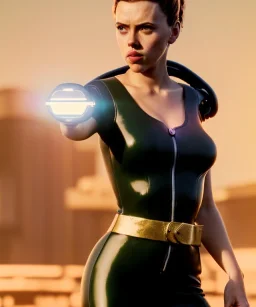 retro sci-fi portrait image from 1960, supermarket parking explosion, young Scarlett Johansson, classic black tight lycra latex suit, gold bracelet and belt, soft color, highly detailed, unreal engine 5, ray tracing, RTX, lumen lighting, ultra detail, volumetric lighting, 3d, finely drawn, high definition, high resolution.