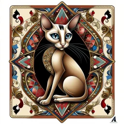 <lora:FiosMysticAura:1.0> <lora:FiosArcaneCards:1.0> A smooth, elegant sophisticated chocolate point Oriental shorthair Siamese cat, wearing a tiny party hat, emerges from a gigantic, intricately designed playing card, reminiscent of the whimsical styles of James Gurney, Chuck Jones, and Ash Thorp, with vibrant, dreamlike colors and delicate, hand-painted textures.
