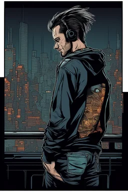 man, profile, cyberpunk, holding a cellphone, comic book art style, geek, engineer, t-shirt, jeans, drug addict, hoodie,