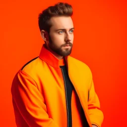 high quality photography 30 year old handsome developer man, stock photo premium, epic view, bright background, profile-pixture shot, closeup. tennis jacket, orange background.