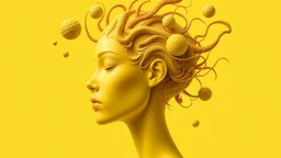 The image features a highly stylized and surreal representation of a human figure, characterized by a unique yellow-toned color palette. The face is shown in profile, with soft, smooth facial features and a serene expression. The head is adorned with flowing, organic shapes and textures that seem to resemble hair or tendrils, intertwining with spherical forms floating around. The background is a solid light yellow, enhancing the ethereal quality of the composition. The overall effect is one of