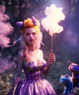 Ultra realistic wonderland photo, happy blonde woman smoking a shisha, blue dress, big purple-cat friend, circus dress style, old school tattoo, smoke, marijuana garden, glow eyes, perfect iris, soft color, highly detailed, unreal engine 5, cinematic, ultra detail, volumetric lighting, high definition.