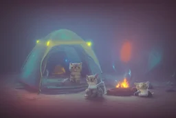 Against a dark cracked holographic marble background, a cute chibi plushy fluffy knitted and embroidered cat, tent, campfire, pond, mist and fog in sunshine, drawn in orange glowing neon lines. The cracks in the background are golden. Ethereal, cinematic postprocessing.