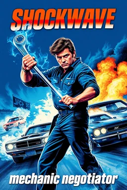 "Design a 80s-style romantic movie poster titled 'Shockwave Customs' with a blue theme and blue flames. Feature a super heroic mechanic in the foreground, fiercely battling thousands of adversaries with a spanner. In the background, show cars doing burnouts, creating a dynamic and intense scene. Capture the high-energy, gritty aesthetic of classic 90s action films. Prominently display the subtitle 'mmechanic negotiator' in bold, impactful lettering."