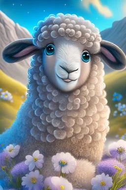 Happy and cute scottish mountain sheep with dreamy sparkling eyes, 4K resolution quality, sitting and holding flower, nursery art, very beautiful and highly polished, with perfect detail, smooth edges, soft hair, flawless facial features , stunning, whimsical fantasy, beautiful, detailed, well rendered, cartoon, illustration