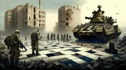 Israeli soldiers and tanks stand on a very large chessboard in the middle of a destroyed city