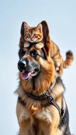 A German shepherd with a cat riding on his back