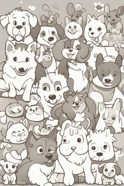 colouring book cover, simple picture for toddlers, pets: dogs, kitties, disney and pixar style