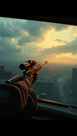 Bosch painting style nightmare in 3D , the sniper on the top of the building aiming toward a man in a car background, high Quality picture , 8k