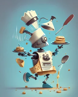 A charming yet clumsy robot chef wearing a toque and apron, attempting to flip pancakes while juggling kitchen utensils with its many arms.