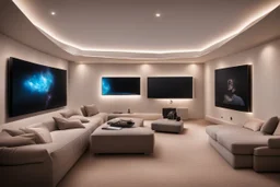 a dedicated home cinema room with LED ambient lighting in the walls