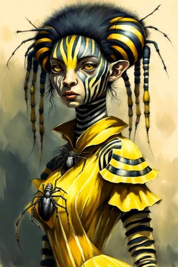 Artist Jean-Baptiste Monge style. A humanoid biomorph Zebra-Spider faced woman. Yellow eyes. A yellow striped ress, covered with spider legs.