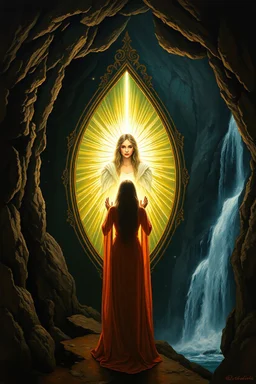 a woman standing in front of a mirror with reflection of her as a beautiful queen with an spiritual light in the mirror, in the dark cave with waterfalls in the background, Bosch painting style
