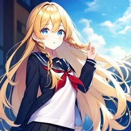 girl, masterpiece, best quality, volumetric lighting, detailed outfit, perfect eyes, long hair, golden hair, blue eyes, black stockings, school outfit, braided ponytail,