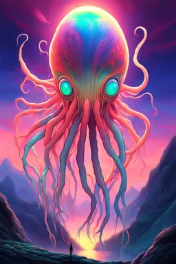 DALL-E 3 P: P: A stunning oil painting in anime style depicting a scary yet colorful creature with translucent, luminous qualities like a jellyfish. The creature has many detailed, iridescent eyes, multiple arms, and large ears. This creature is set against the backdrop of an incredible alien paradise planet at sunset, with vibrant colors and exaggerated perspective. The masterpiece showcases mother of pearl iridescence and holographic whites, creating a terrifying and horror-like atmosphere. Th