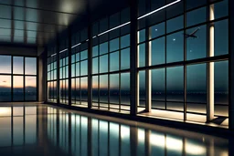 ночь небольшой холл за стеклянными большими окнами во всю стену аэропорт фото реалистичность 4к