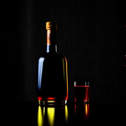 Acoustic guitar next to a glass of liquor in a dark space