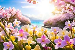 magic garden with freesia, parma or pink flowers, parma or blue light effects colors, sunny rays, realistic, freesia flowers around, beautiful cherry blossoms in spring, seaside, highly detailed, high contrast, 8k, high definition, concept art, sharp focus