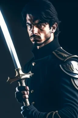 young european black hair adult royal guard swordsman with rapier