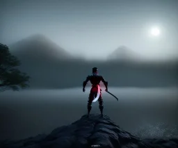 fog as Ninja portrait, black suit, in the night Alps, angels background, volumetric red light, high detail, dark leaf tree, dark mountains in background, perfect, HR Giger style, holding sword, fighting, cinimatic