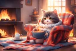 cute fluffy chibi cat reads sitting in a big soft armchair, covered with a plaid blanket, a teapot and steaming tea on a small table next to her, in sunlight. The fire in the fireplace is blazing.