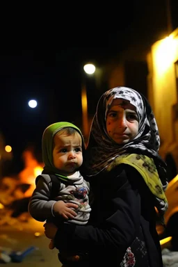 Palestinian girl wears Palestinian keffiyeh Carrying a small child , Destroyed Buildings , with a Explosions, at night