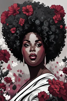 create a expressionism art style image with exaggerated features, 2k. cartoon image of a plus size black female looking off to the side with a large thick tightly curly asymmetrical afro. Very beautiful. With Garnet, black and white flowers