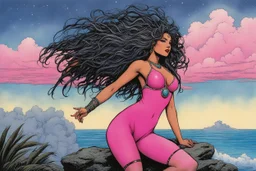 [art by Kevin Eastman and Peter Laird] the surprised Urvāśī, 24-years-old a celestial nymph (apsarā) famed for her divine beauty and allure. wearing a pink one-piece swimsuit , poised on hands and knees, the overcast sky in the background, vintage 1980's photo