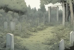 clearing, grave yard, forest,overgrown, post-apocalyptic, comic book,