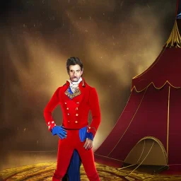 circus ringmaster standing alone in ring, garish red coat, dark circus tent, 1800s, chiaroscuro lighting , 8k UHD, matte painting, illustration, renaissance, artwork, high-quality, intricate detail, dark circus, night circus, creepy, rocco, greg rutowski, howard lyon, alphonse mucha