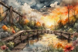 Urban sketch of a beautiful forest in ink and watercolor, storm clouds, full sunset, flowers, kurved path, old wood bridge, gull Modifiers: beautiful award winning