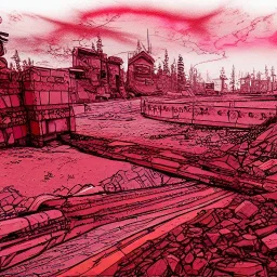  line Art coloured, destroyed, post apocalyptic, darkred tones,