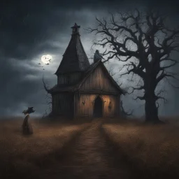 Hyper Realistic Haunted Chapel between a Field & dry old tree at rainy night with scarecrow