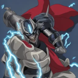 venom handsome thor with blue lightning and medieval helmet with black background