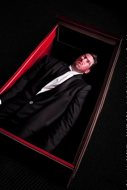 a man in black suit, red neck tie, white shirt, black pants, black shoe sleeping in a coffin, over view