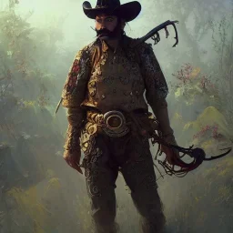 Insanely detailed photograph of an “ a mustachioed cowboy warrior "with sequenceed Sombrero, handsome charo,cigar,crossbow in hand, hyperdetailed painting by Ismail Inceoglu Huang Guangjian and Dan Witz CGSociety ZBrush Central fantasy art album cover art,8K, hdr, mysterious, flickeringlights ,Stoic