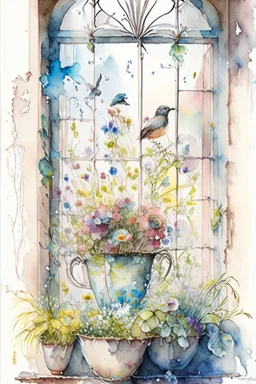 Shabby chic window with flowerpots and bouquets filled with beautiful flowers.full sunlight, stormy clouds, bird, watercolour and ink, stained glass Modifiers: elegant intricate beautiful fantastic view crisp quality colourful Jean-Baptiste Monge pastel colors full view