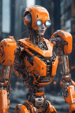 advanced orange rectangular robot with artificial intelligence, created using complex technologies, robot number "IA 661125", robot in the style of Isaac Asimov and cyberpunk, ultra detailed, HDR, high quality image, realistic image, 8k, high quality, hyperrealism