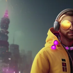 stylized Rabbit, smiling, cyberpunk headphone, sunglass, gangsta gold neckless, full body, magenta puffer jacket, manila city backdrop, dramatic lighting, hyper realistic, unreal engine 5, 16k