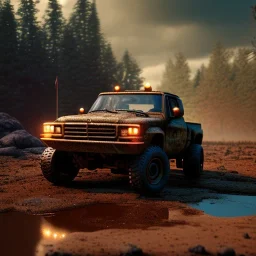 stylized hyperrealistic shot, muddy aggressive military toy truck, monotone color palette, sharp focus, puddle reflection, tire water splash, refraction, sunset, rocky terrain with huge boulders, detailed and intricate, cinematic composition, micro, tilt shift photography, unreal engine 5, octane render, 8k, cinematic lighting