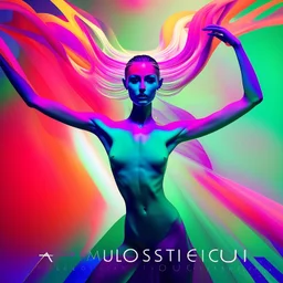 A masterpiece album cover with vibrant and dynamic design. The title 'TUDO ALMA' is prominently displayed in sleek colored typography that glows against the sky. The central image features a female silhuette totally white made of full light, their body dissolving into a particles of colorful and strong sound waves light, symbolizing the fusion of soul in all art. Surrounding the figure are particles of light, all pulsating with energy, creating a sense of movement and rhythm.