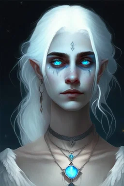 hauntingly beautiful character for dnd, young woman with white hair and blue eyes, angel, with moon necklace, scarred neck