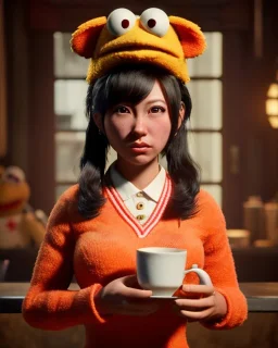 waitress Japanese woman with muppet mask that covers her entire head, red, retro style, Sesame Street style, smooth, unreal engine 5, god lights, ray tracing, RTX, lumen lighting, ultra detail, volumetric lighting, 3d.