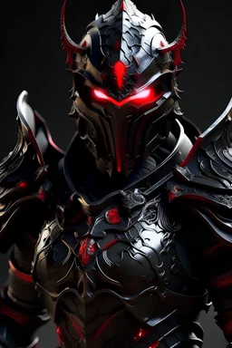 Dark knight armor with red eyes, crimson ornaments flows throughout the armor, the helmet is fully covering the face, crimson aura radiating from the knight, no horns
